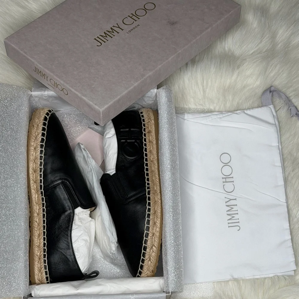 New in box Jimmy Choo Lichi Black Napa Leather Espadrilles Embossed Logo
